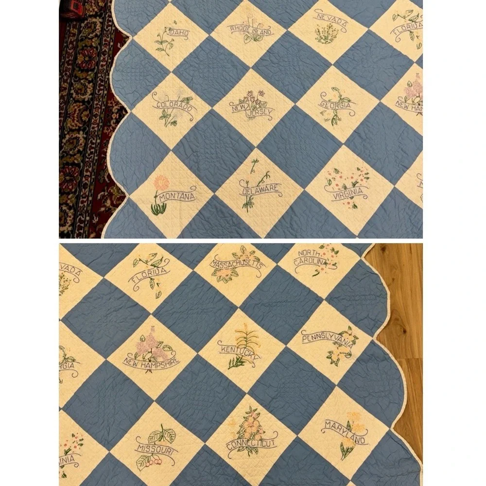 Vintage 48 State Embroidered Quilt 1930s Blue White Hand Quilted Scalloped Edge